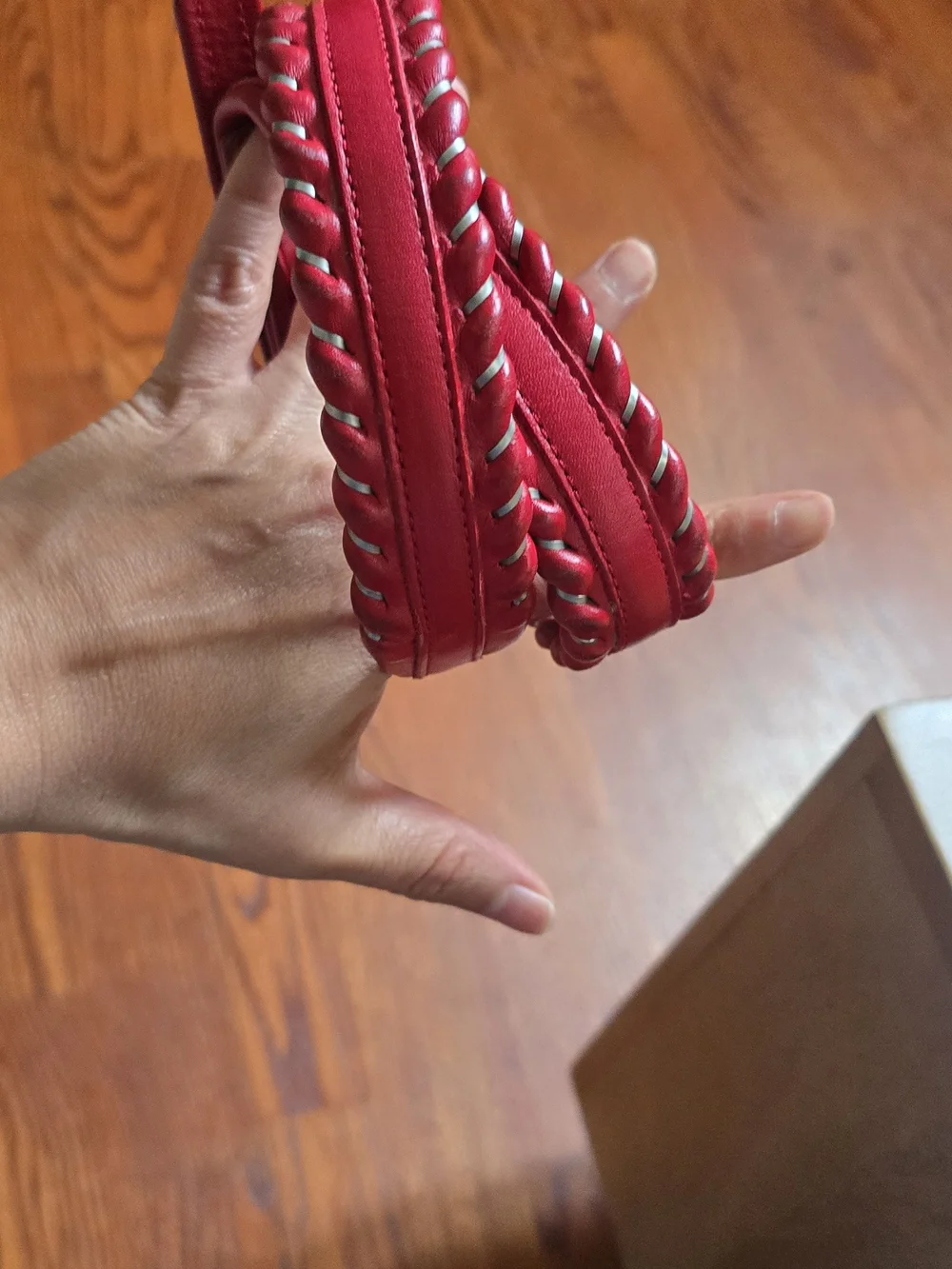 Vintage Dun Dee Red Full Grain Leather Belt Size 26 Braided Silver Heart Buckle